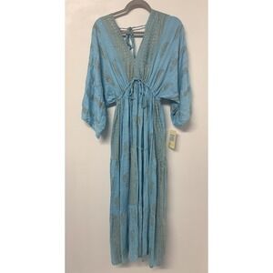 Creations St Lucia Blue Gold Boho Maxi Dress Free Size India Rayon #56